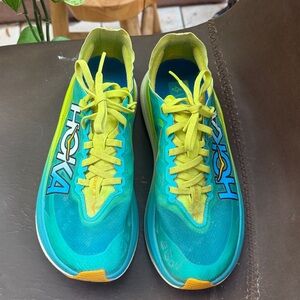 Hoka Rocket X2 Carbon Fiber Turquoise and Lime Running Shoes
